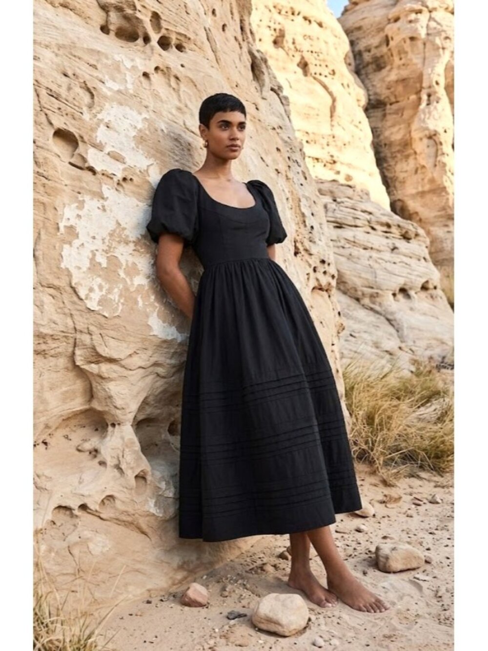 NWT Reformation Everlyn in Black Cotton Puff Sleeve Fit & Flare Midi Dress 8 - Picture 2 of 12